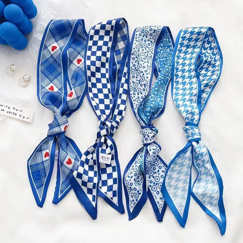 클라인 블루 실크 스카프 여성용 새 체크무늬 헤어밴드, - Travel Accessories Neck 리뷰 및 가격
